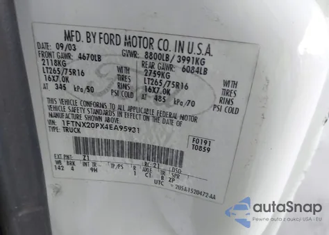 2004 Ford F-250 Lariat/Xl/Xlt z USA, uszkodzony, nr VIN 1FTNX20PX4EA95931